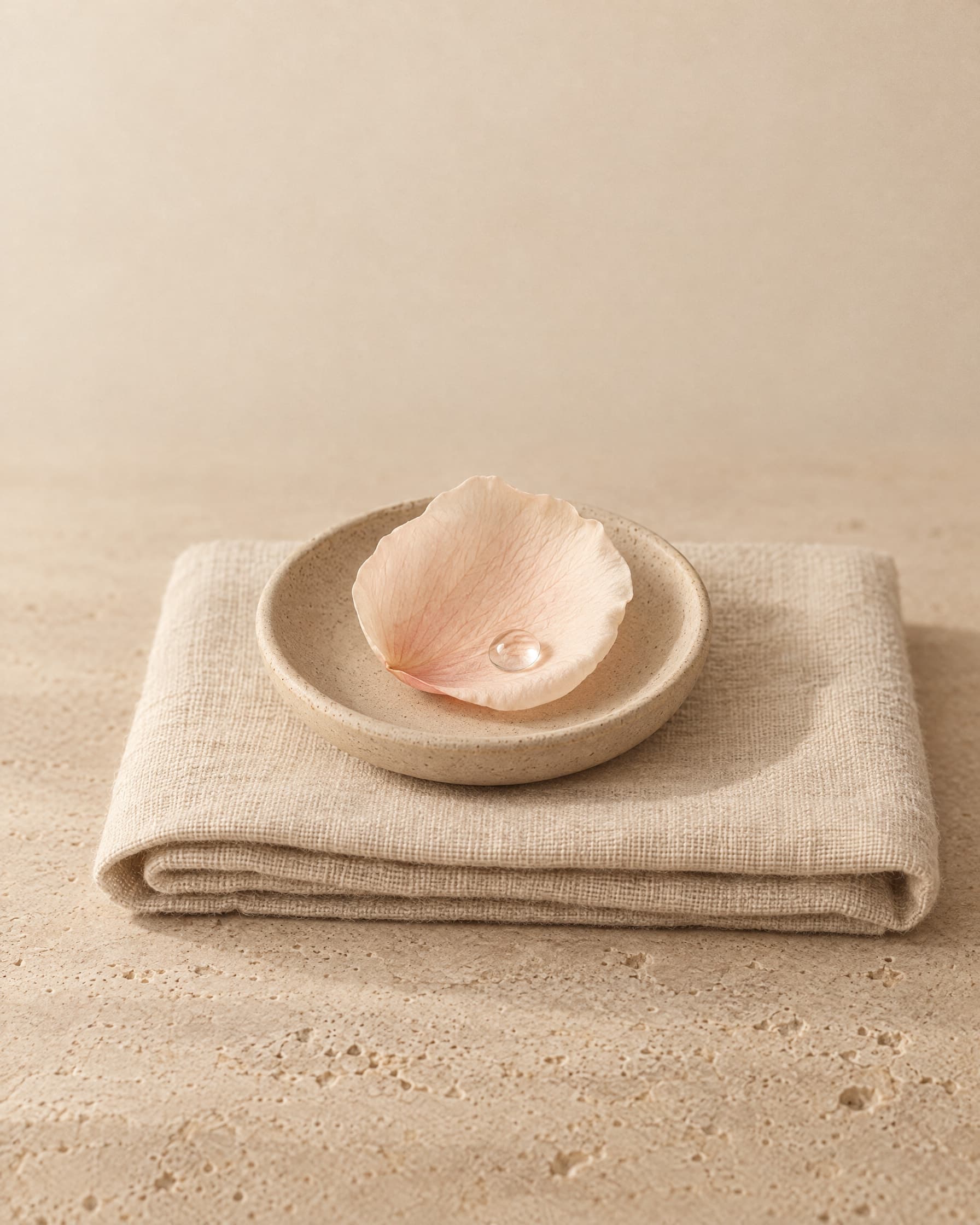 A blush rose petal with a drop of water, resting on a small porcelain dish