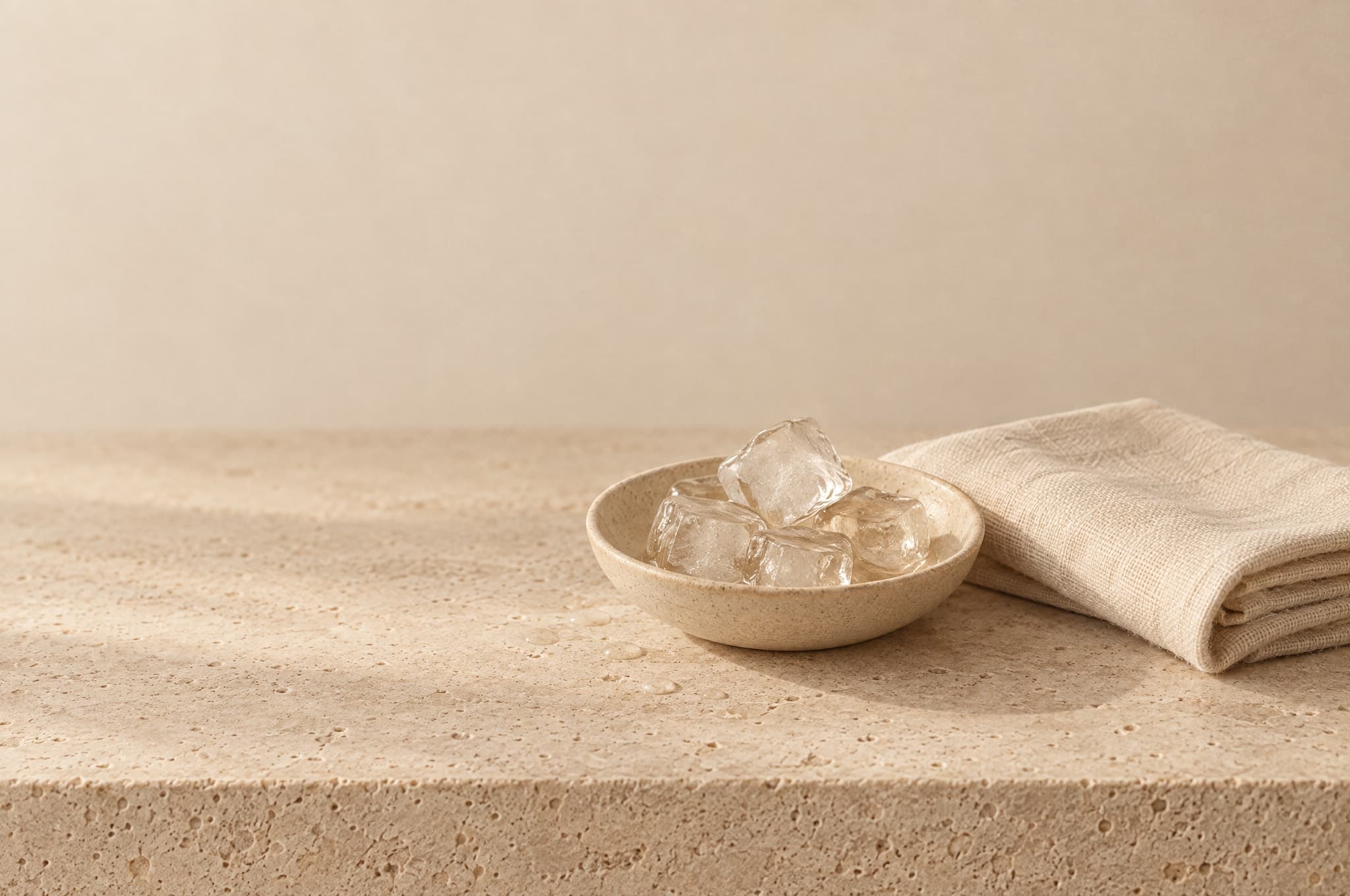 Ice cubes in a small ceramic bowl beside a folded linen cloth