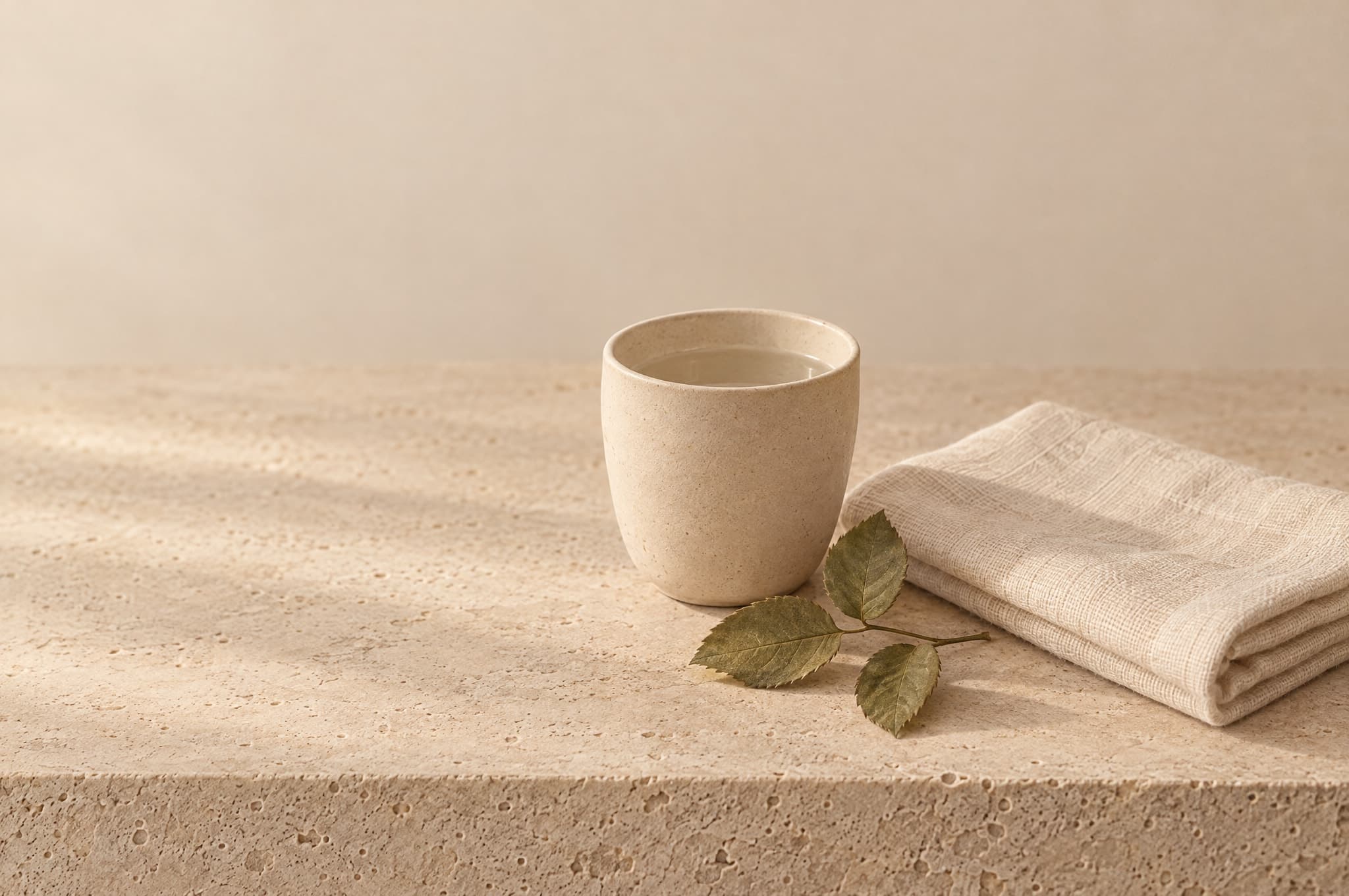 A folded linen towel, a ceramic cup of water and a sprig of rose leaves on travertine
