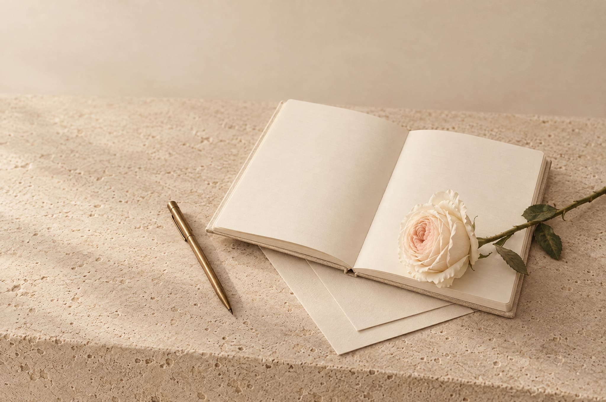 A cream rose across a blank open notebook beside a brass pen