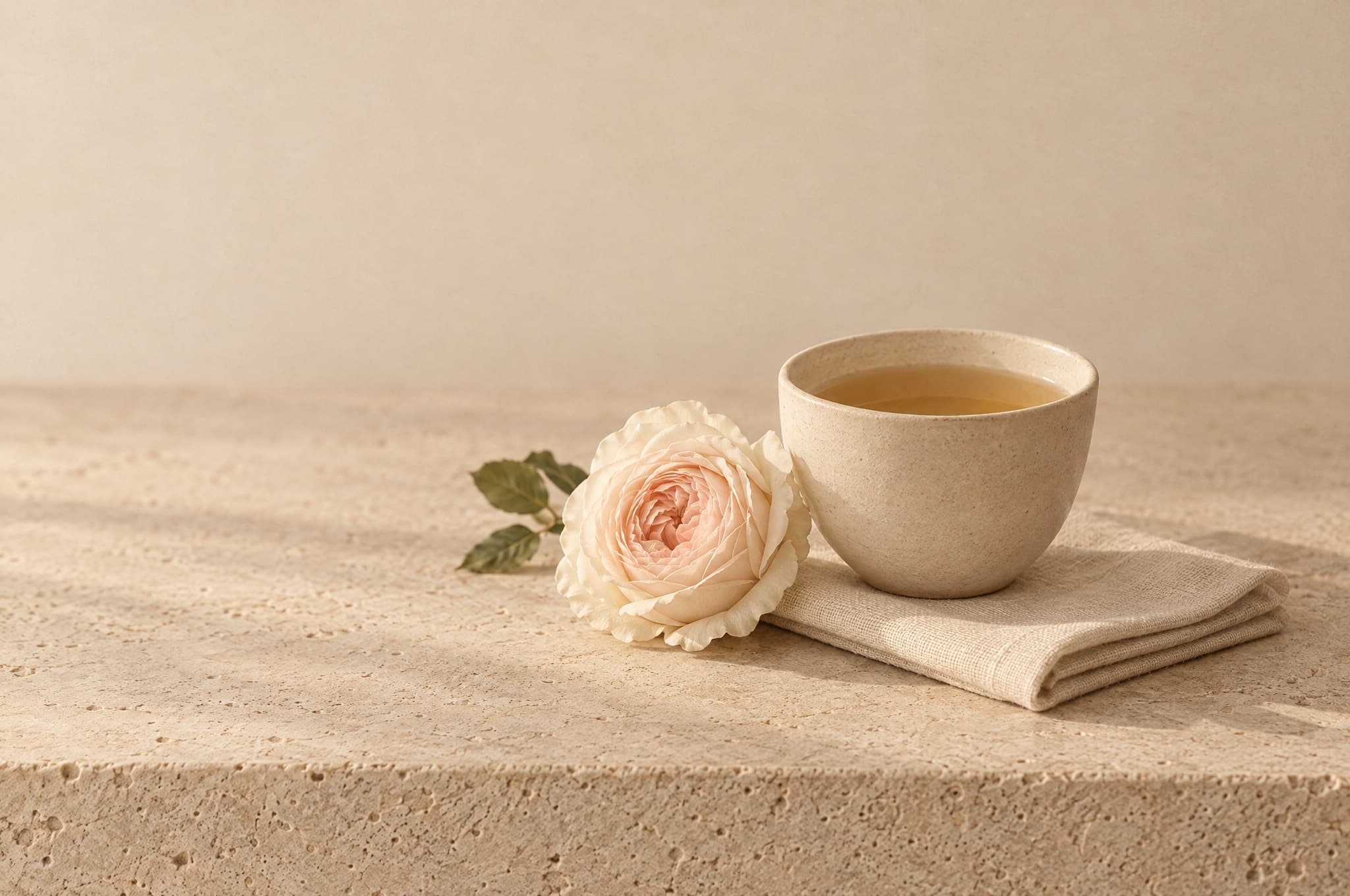 A cup of pale tea on a linen napkin beside a cream rose