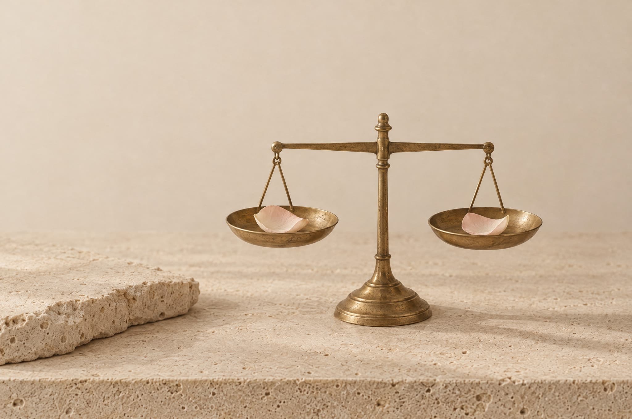 A small brass balance scale with a rose petal in each pan
