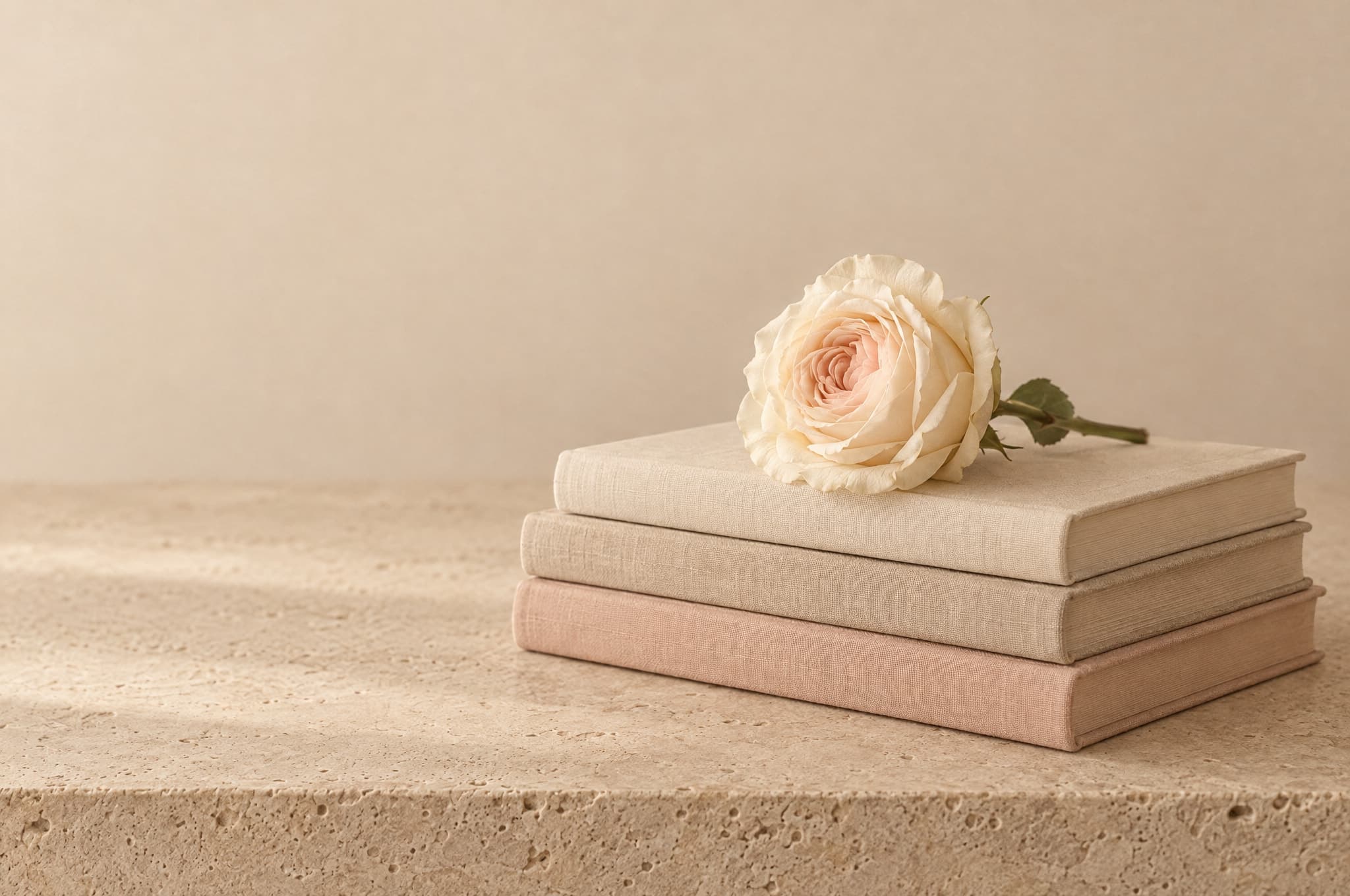 Three blank cloth-bound books with a cream rose resting on top
