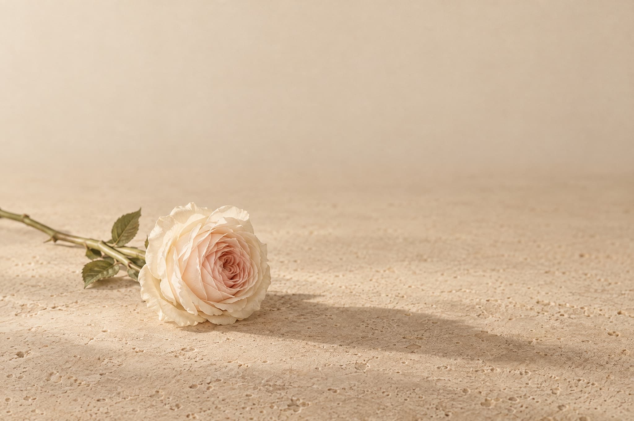 A single cream rose lying on travertine, casting a long morning shadow