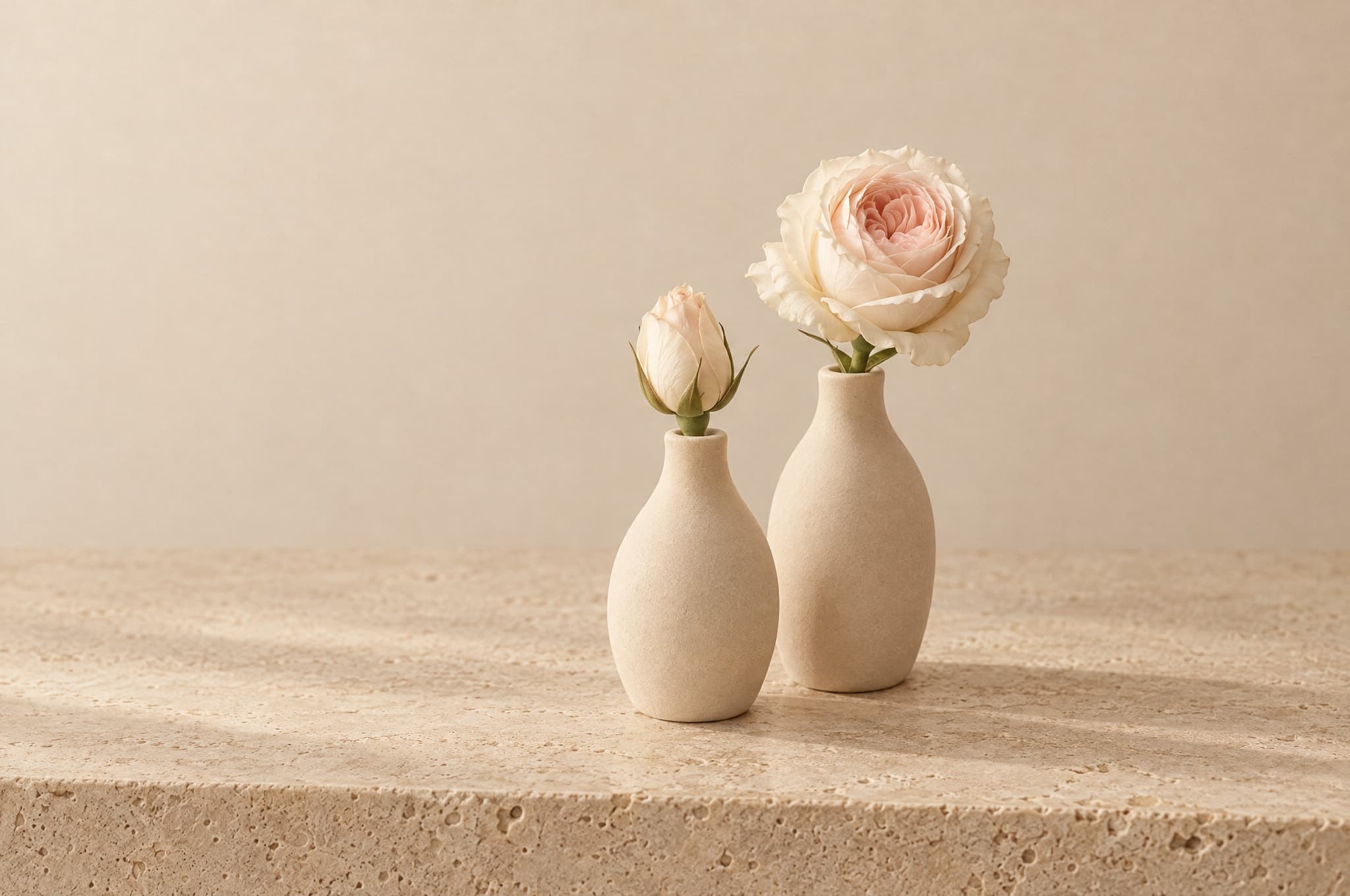 Two cream ceramic bud vases, one holding a rosebud and one an open rose